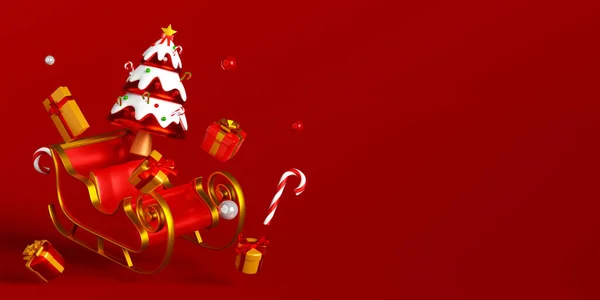 Banner Ilustración Trineo Con Adornos Navidad Sobre Fondo Rojo — Foto de Stock