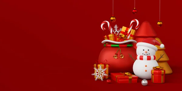 Kerst Banner Van Sneeuwpop Met Kersttas Geschenken Illustratie — Stockfoto