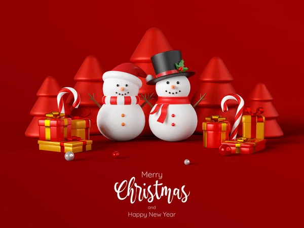 雪人圣诞明信片 附有圣诞礼物 3D插图 — 图库照片