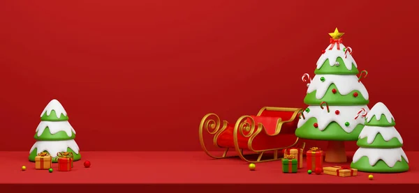 Kerstbanner Ansichtkaart Scène Van Kerstboom Met Slee Cadeautjes Illustratie — Stockfoto