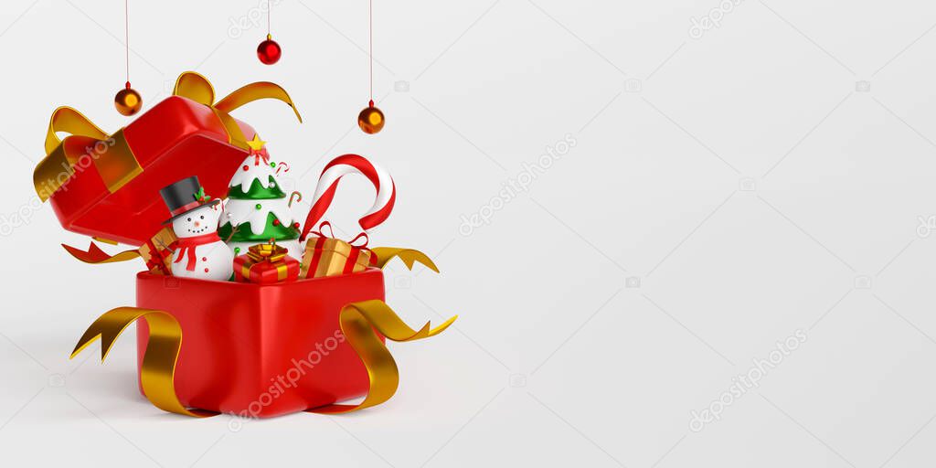 Christmas banner postcard scene of Snowman with Christmas tree in gift box, 3d illustration