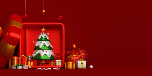 Illustratie Van Kerstmis Banner Van Kerstboom Geschenkdoos Rode Achtergrond — Stockfoto