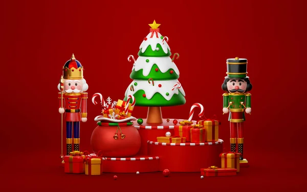 Καρυοθραύστης Στέκεται Δίπλα Στο Χριστουγεννιάτικο Δέντρο Και Παρουσιάζει Βάθρο Εικονογράφηση — Φωτογραφία Αρχείου