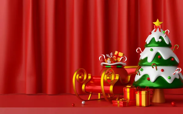 Vánoční Pohlednice Vánoční Stromeček Sáně Červeném Pozadí Závěsu Ilustrace — Stock fotografie