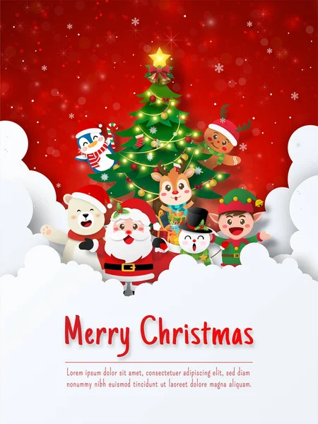 Noel Baba ve Noel Baba 'nın Noel kartpostalları ve gökyüzünde Noel ağacı olan sevimli hayvanlar.