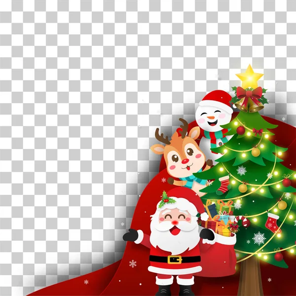 圣诞老人和有圣诞树 背景透明的朋友的圣诞卡 — 图库矢量图片