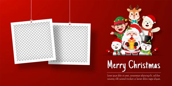 Bannière Carte Postale Noël Père Noël Ses Amis Avec Cadre — Image vectorielle