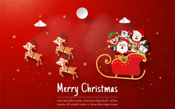 Noel Baba ve arkadaşlarıyla kızakta Noel kartpostalı.