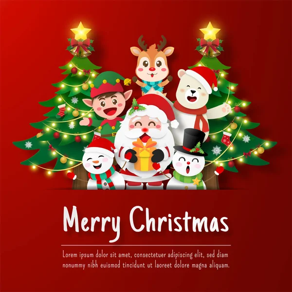Kartu Pos Natal Santa Claus Dan Teman Teman Dengan Pohon - Stok Vektor