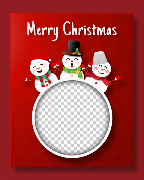 Χριστουγεννιάτικη Καρτ Ποστάλ Από Λευκή Κορνίζα Τρεις Χιονάνθρωπους — Διανυσματικό Αρχείο