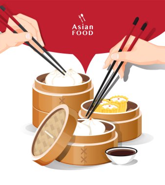 Dim sum menüsü Asya gıda vektörü illüstrasyonunu ayarla