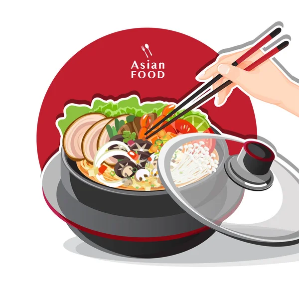 Sukiyaki Varm Kruka Restaurang Hand Håller Ätpinnar Äter Shabu Vektor — Stock vektor
