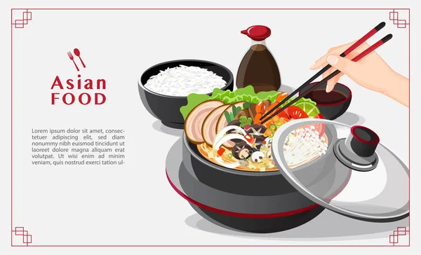Sukiyaki Gorącym Garnku Restauracji Ręczne Trzymanie Pałeczek Jedzących Shabu Ilustracja — Wektor stockowy