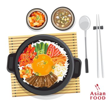 Kore bibimbap seti, pirinç, çeşitli malzemelerle karıştırılmış siyah kase, üst görünüm vektör illüstrasyonu