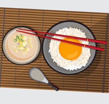 Tamago Kake Gohan, çiğ yumurtalı pilav ve soya peynirli Miso çorbası, Vektör çizimi.