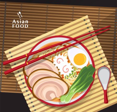 Ramen eriştesi, geleneksel Asya erişte çorbası, illüstrasyon vektörü..