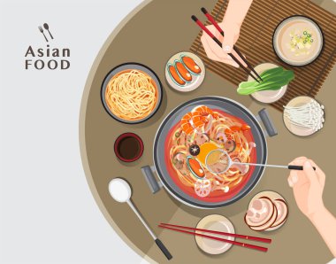 Lokantada güveç, yemek çubukları, Shabu Shabu yemek. 