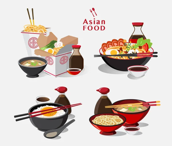 Japansk Mat Set Ramen Skål Nudelsoppa Bort Rutan Vektor Illustration — Stock vektor