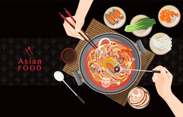 Panci Pedas Cina Makanan Asia Makan Shabu Shabu Dan Sukiyaki - Stok Vektor