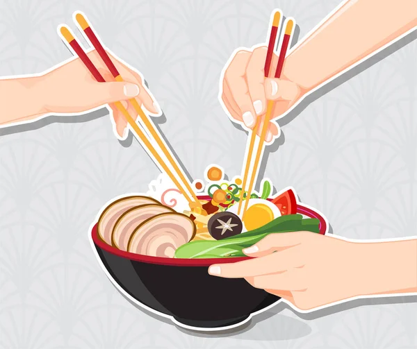 Mie Ramen Jepang Sup Mie Tradisional Asia Vektor Ilustrasi - Stok Vektor