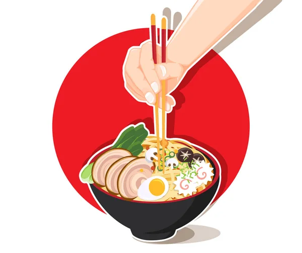 Fideos Ramen Japoneses Sopa Tradicional Fideos Asiáticos Vector Ilustración — Vector de stock
