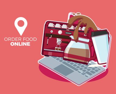 Kahve dağıtım servisi, Scooter dağıtım servisi, Vektör illüstrasyon.