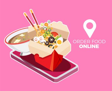 Yemek servisi, fast food teslimatı, Scooter teslimat servisi, Vektör illüstrasyon.