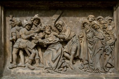 Mimarlıkta BAS-RELEFS. İncil 'den sahneler eşliğinde rahatlatıcı. Bamberg. Almanya. Avrupa. Avrupa seyahati.