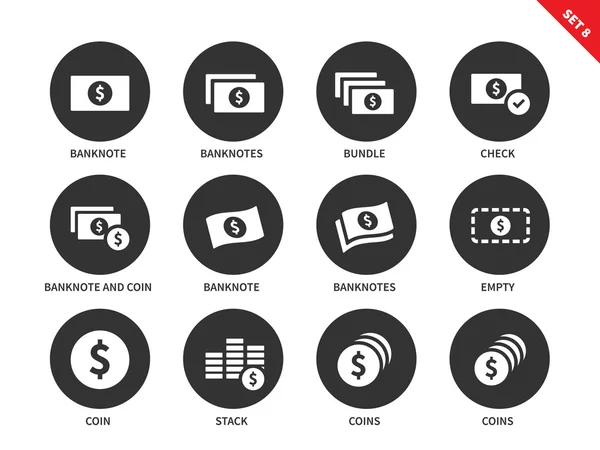 Bankbiljetten en munten pictogrammen op witte achtergrond — Stockvector