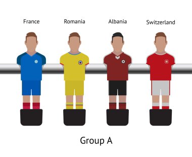 Tablo futbol oyunu. langırt futbol oyuncu set. Fransa, Romanya, Arnavutluk, İsviçre
