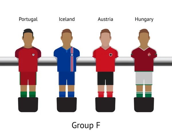 桌上足球游戏。桌上足球足球球员组。葡萄牙，冰岛，奥地利匈牙利 — 图库矢量图片