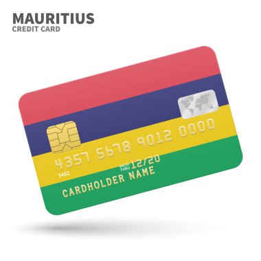 Banka, sunumlar ve iş için Mauritius bayrak arka plan ile Kredi kartı. Beyaz üzerine izole