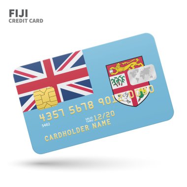 Banka, sunumlar ve iş için Fiji bayrak arka plan ile Kredi kartı. Beyaz üzerine izole