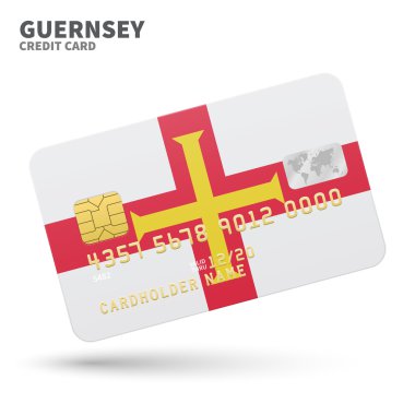 Banka, sunumlar ve iş için Guernsey bayrak arka plan ile Kredi kartı. Beyaz üzerine izole