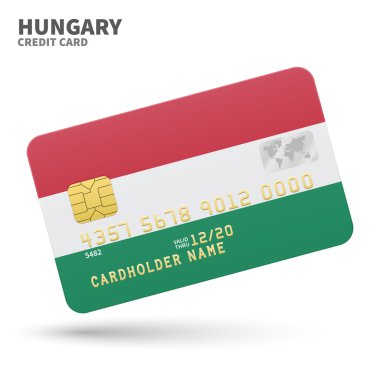 Banka, sunumlar ve iş için Macaristan bayrak arka plan ile Kredi kartı. Beyaz üzerine izole