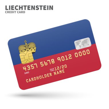 Kredi kartı banka, sunumlar ve iş için Lihtenştayn bayrağı arka plan ile. Beyaz izole