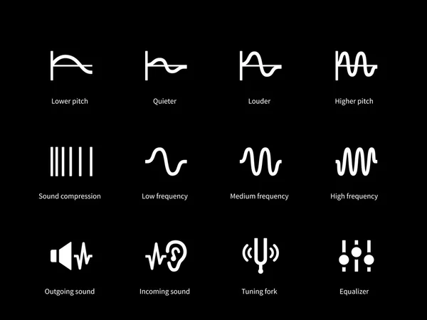 Иконки звуковых волн на черном фоне . — стоковый вектор