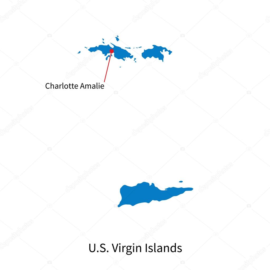 Detailed vector map of U.S. Virgin Islands and capital city Charlotte Amalie