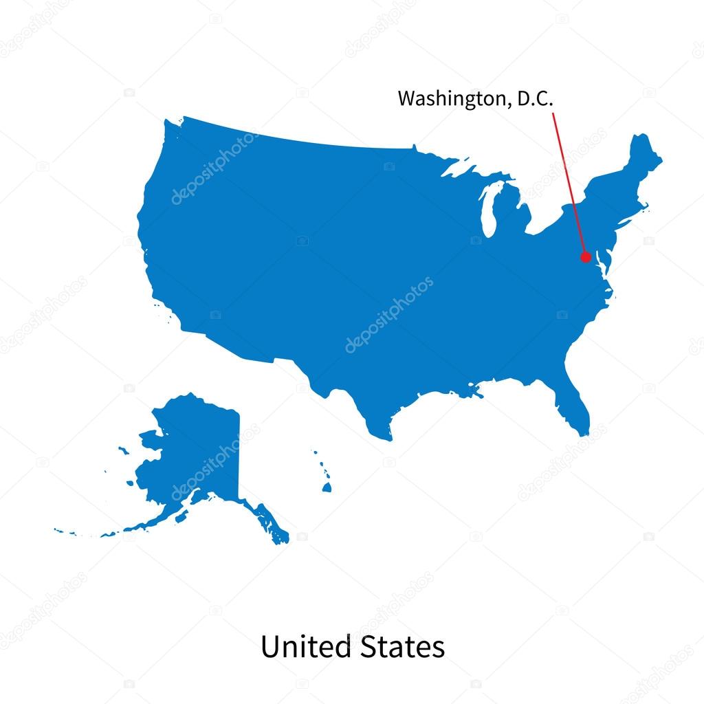 Detailed vector map of United States and capital city Washington