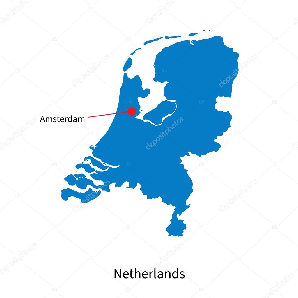 Mapa vectorial detallado de Holanda y capital Amsterdam — Vector de
