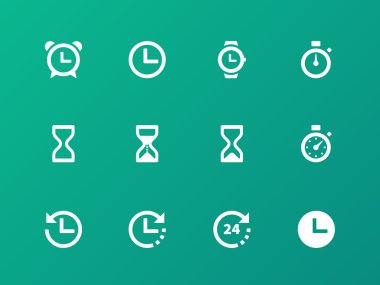 Yeşil arka plan üzerinde zaman ve masa saati simgeler.