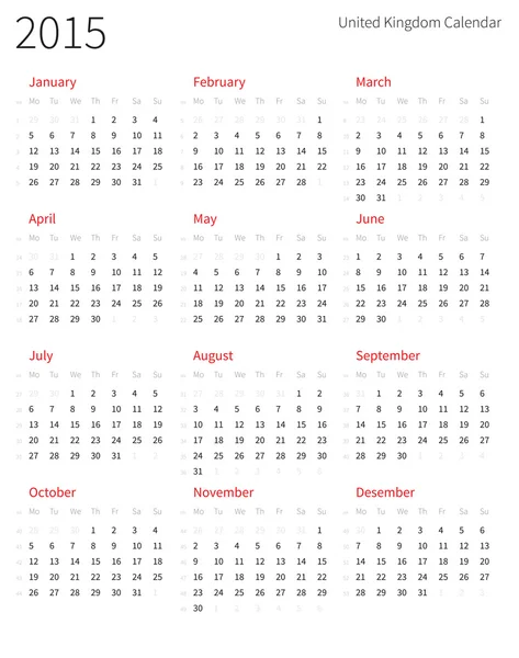 Велика Британія 2015 року календар з номери тижнів. — стоковий вектор