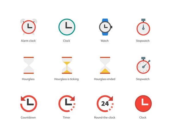 Iconos de tiempo y color del reloj sobre fondo blanco . — Vector de stock