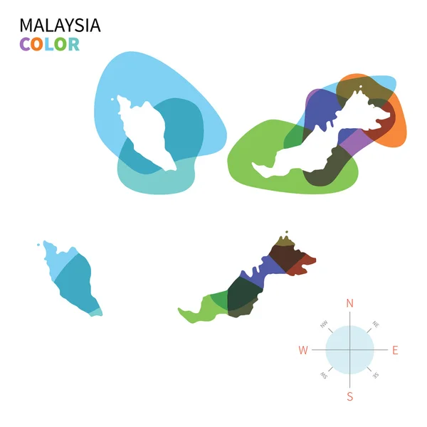 Mapa abstracto de color vectorial de Malasia con efecto de pintura transparente . — Archivo Imágenes Vectoriales