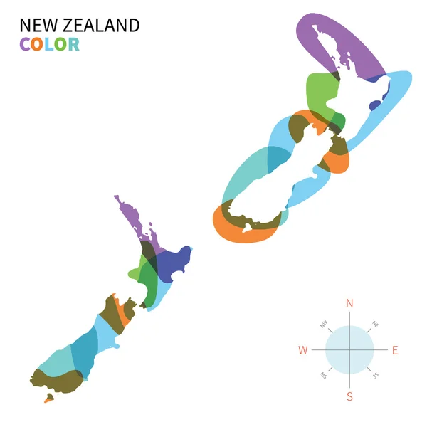 Mapa abstracto de color vectorial de Nueva Zelanda con efecto de pintura transparente . — Vector de stock