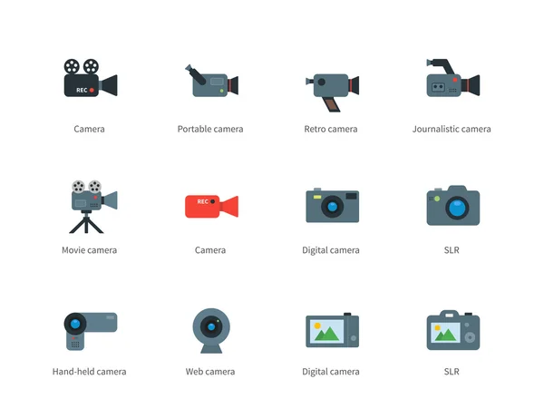 Pictogrammen van de kleur van de camera op witte achtergrond. — Stockvector