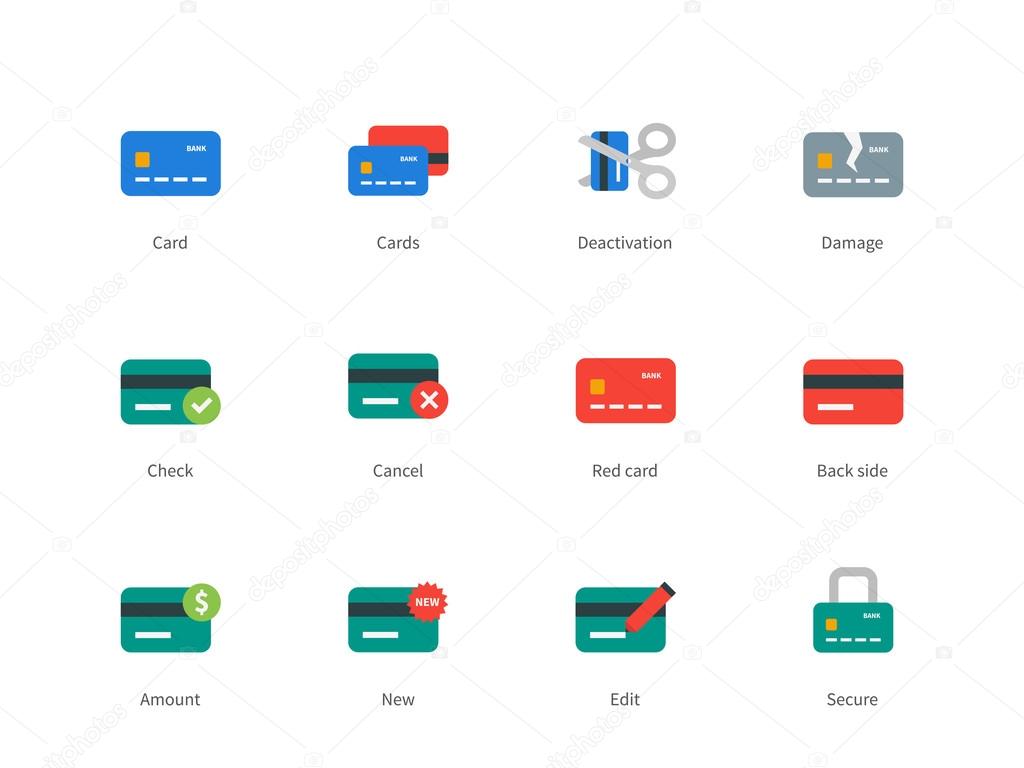 Credit and payment card colored icons on white background.