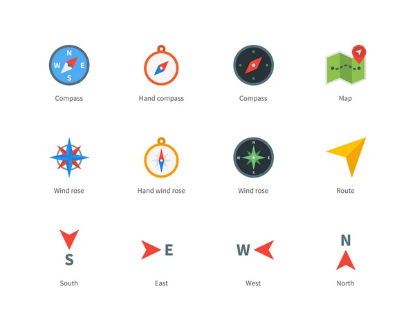 Compass and map colored icons on white background. — Stock Vector