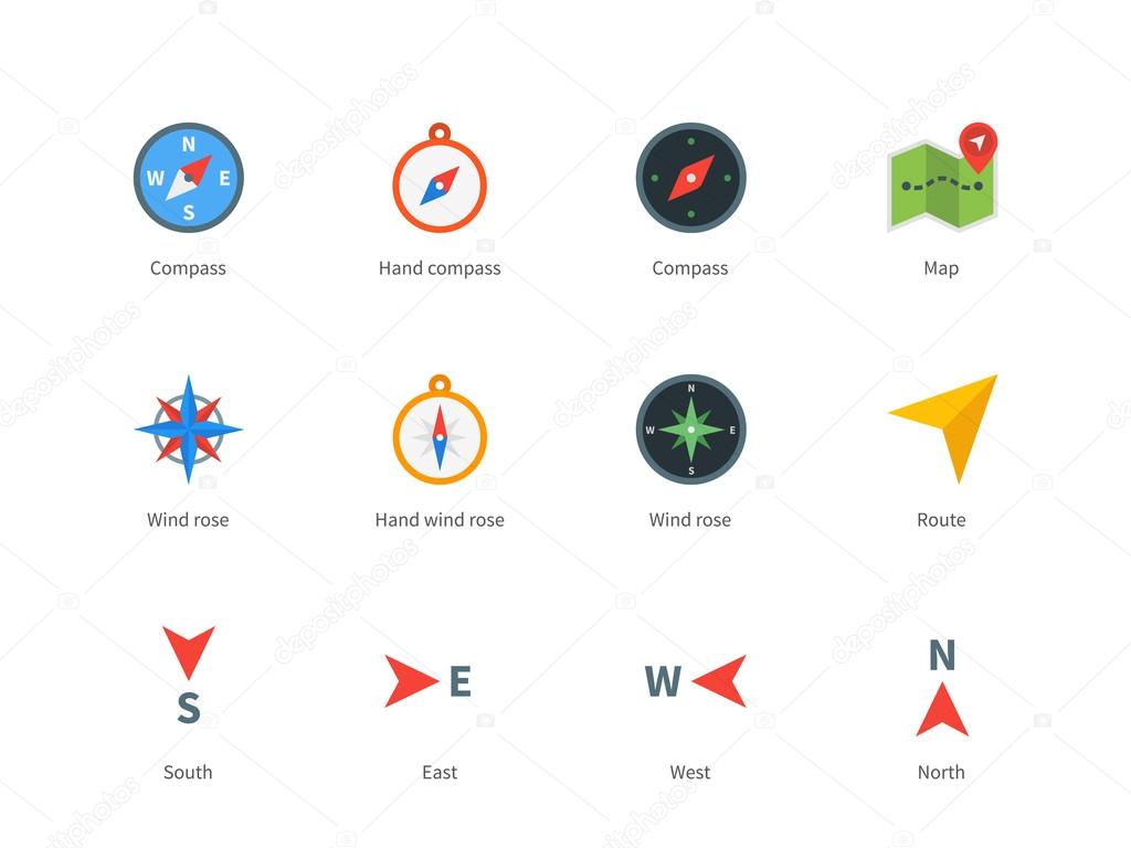 Compass and map colored icons on white background.