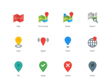 Beyaz arka plan üzerinde GPS ve navigasyon renk simgeleri göster.